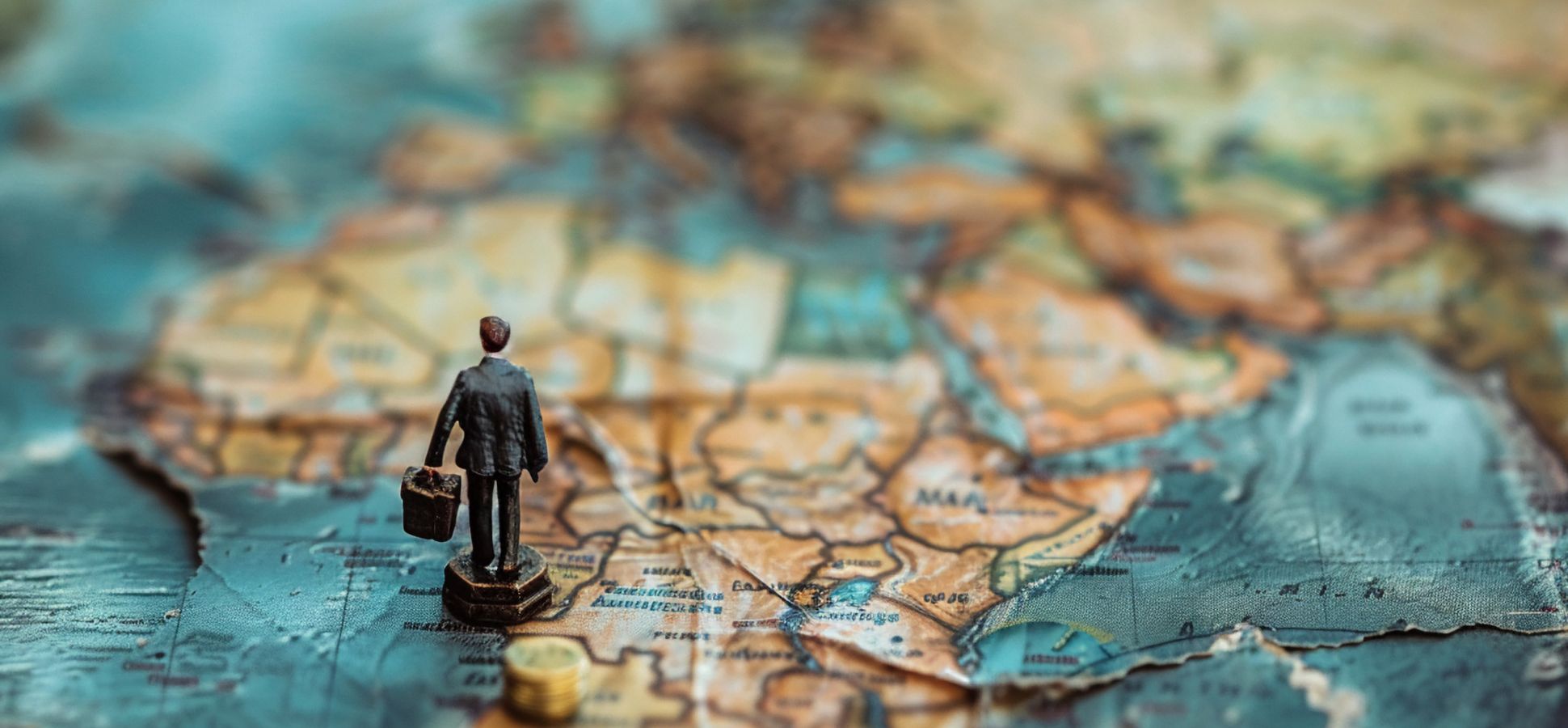 a business person roaming worldwide on the map