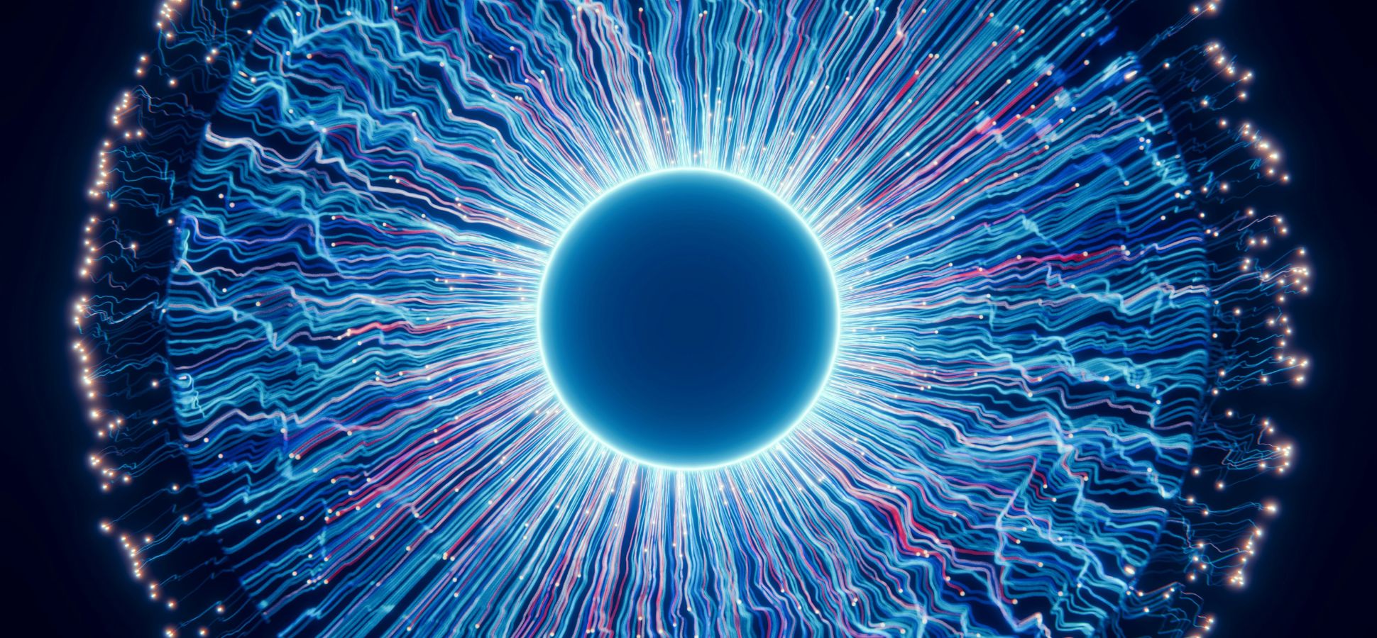 Abstract digital iris or energy sphere with glowing blue lines and particles