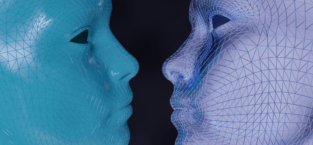 Close up of two stylized human faces, one solid blue, one wireframe, facing each other