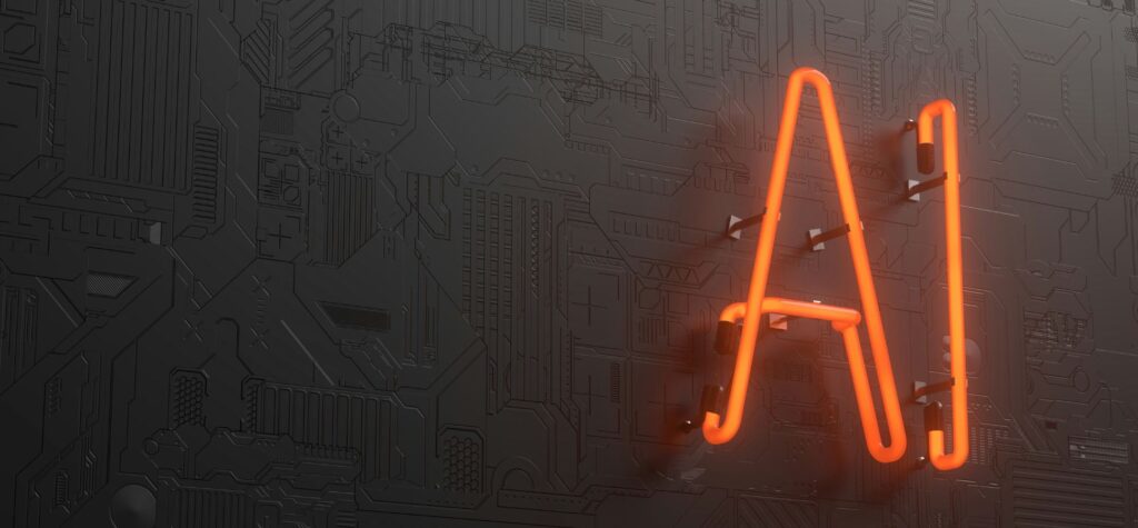 Neon orange ai acronym sign on dark futuristic circuit board background