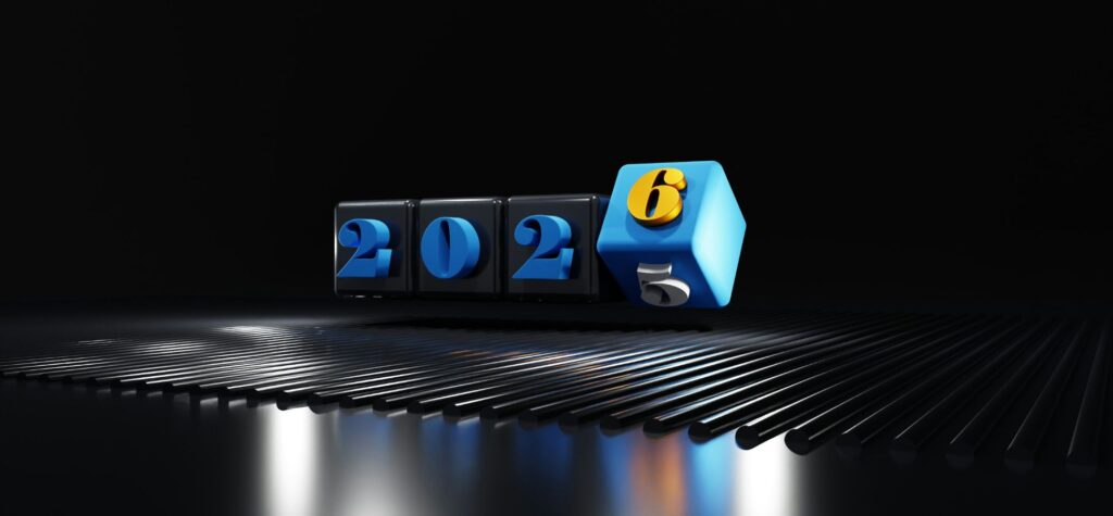 A digital rendering showing the year 2025 changing to 2026 on dice/tumblers
