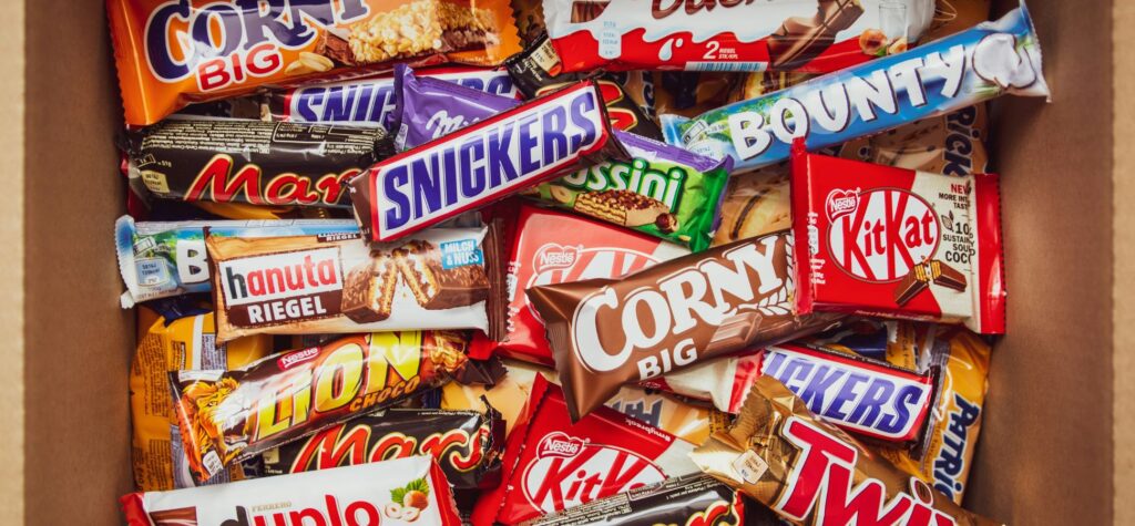 Assortment of chocolate candy bars in a box