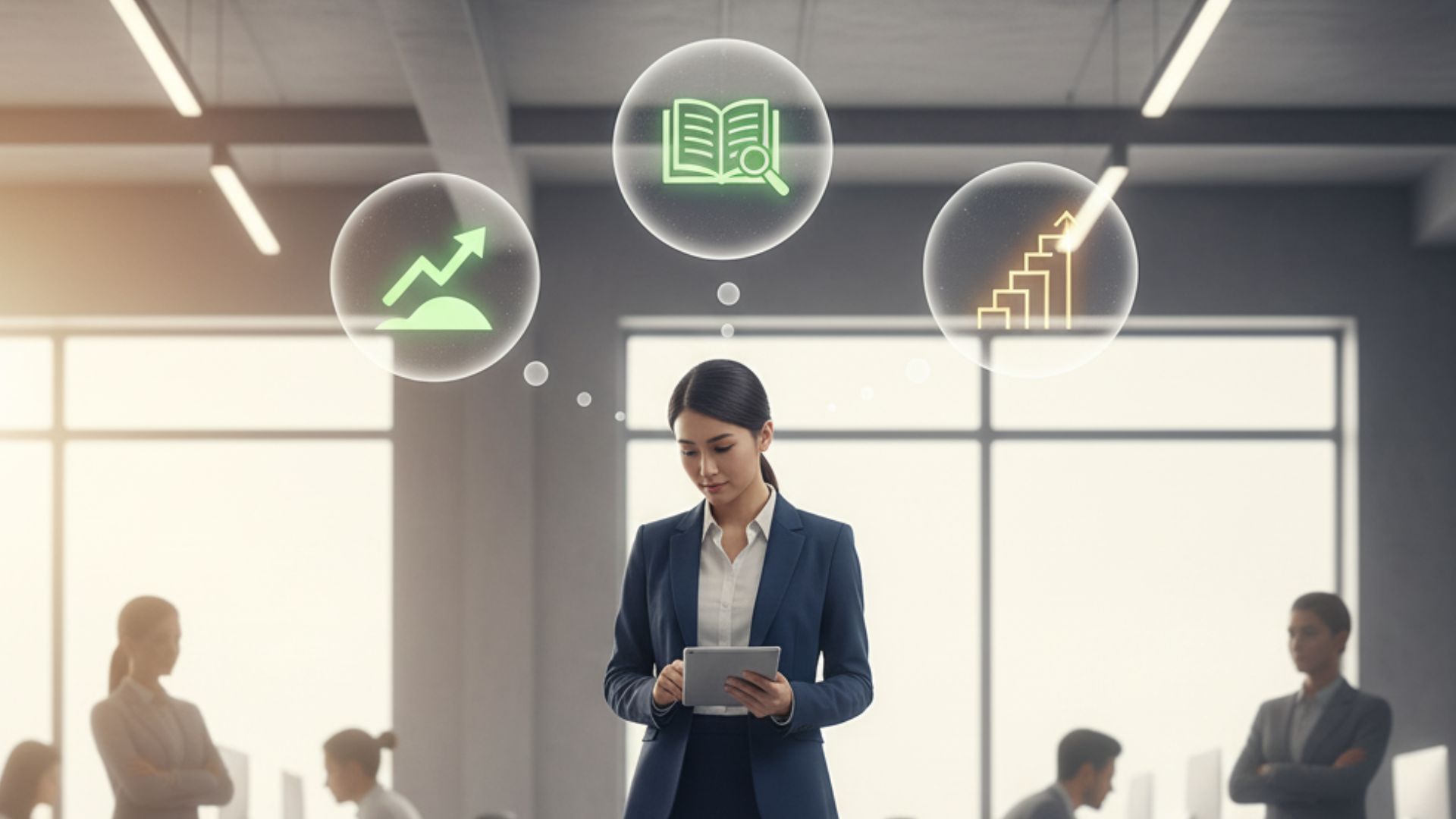 A business woman at the front of an office meeting room, facing away, with three thought bubbles above a diverse group of colleagues. The thought bubbles contain text like "What if it goes right?", "What can I learn?", and "What's it next step?".