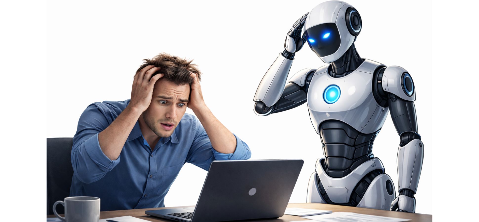 Stressed man sitting at a desk holding his head while looking at a laptop, with a humanoid AI robot standing beside him against a white background, illustrating mistakes made when using artificial intelligence