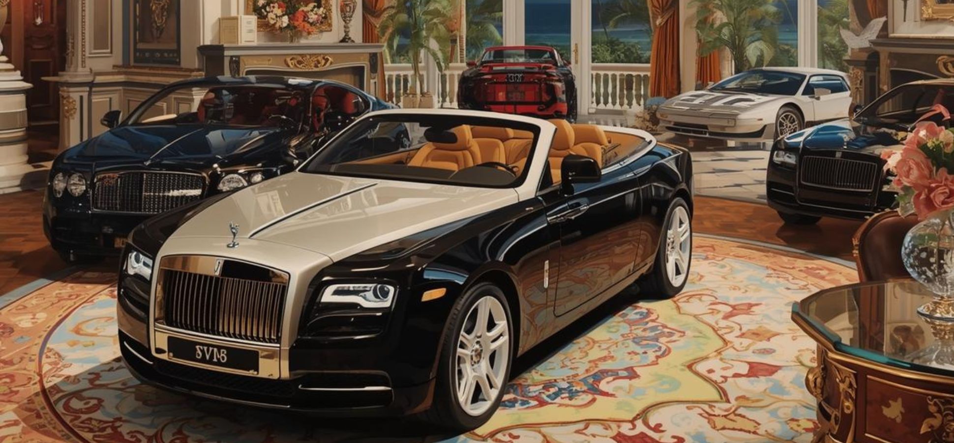 Luxury convertible sports car displayed inside an opulent showroom, surrounded by other high-end vehicles, ornate décor, and large windows overlooking a tropical seascape.