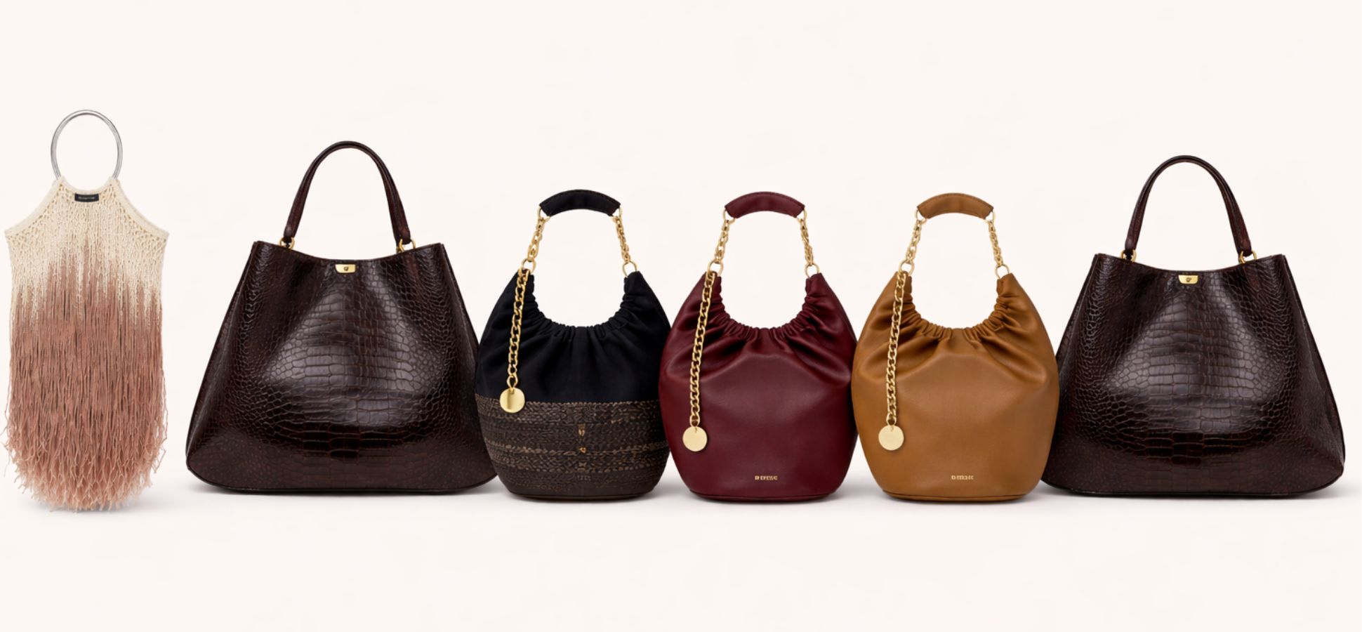 Horizontal collage of luxury handbags on a neutral background, featuring a cream-to-rose ombré fringe tote with a silver ring handle, two dark brown croc-embossed totes, and four ruched leather hobo bags in black, burgundy, olive, and caramel with gold chain handles and charm details.