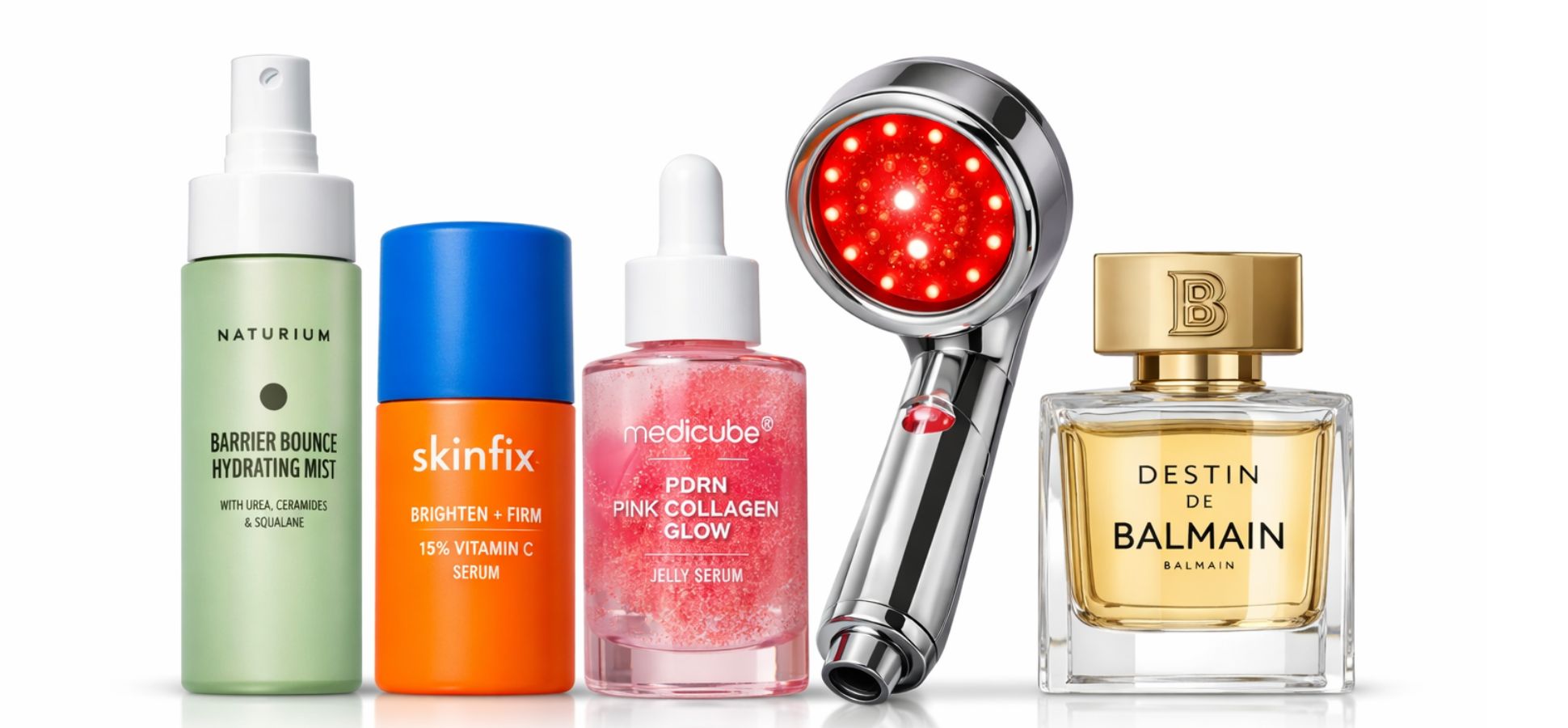 Horizontal collage of five February 2026 beauty launches on a white background, featuring a hydrating face mist, vitamin C serum, pink collagen jelly serum, red light therapy showerhead, and a luxury perfume bottle.