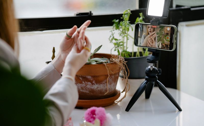 Creator recording a product review on a phone tripod, an alternative to the Flip app
