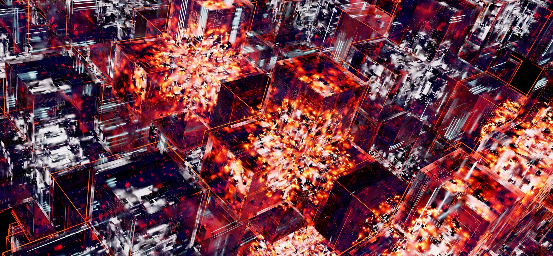 Abstract glowing cubes with orange and white light patterns forming a digital network